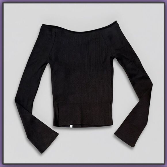 BDG Stella Boatneck Waffle knit Long Sleeve Tee Black - Picture 6 of 16